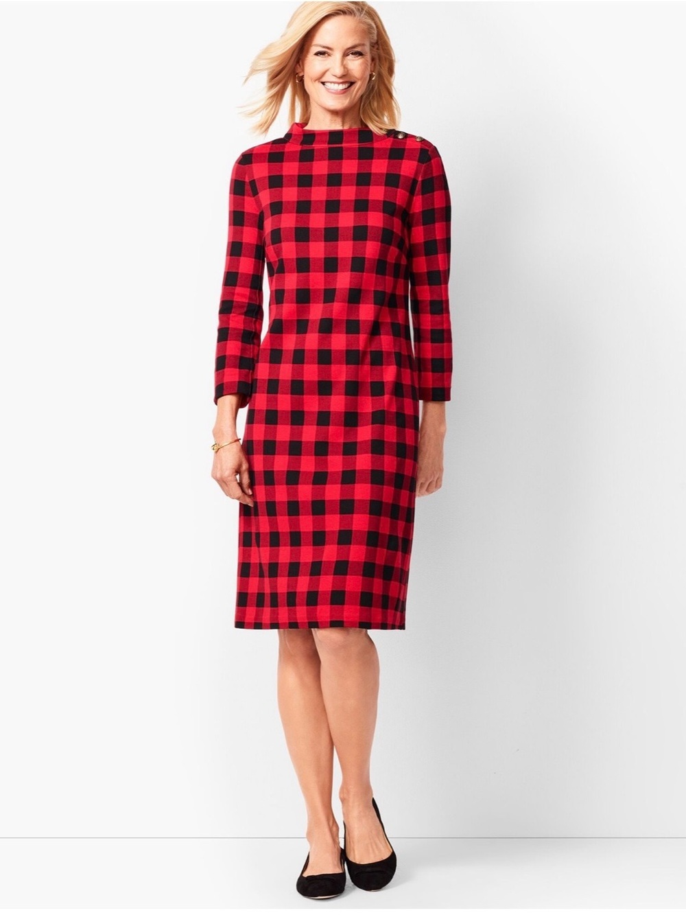 Talbots Red Black Buffalo Plaid Shift Dress High Neck Faux Buttons Sz Medium
